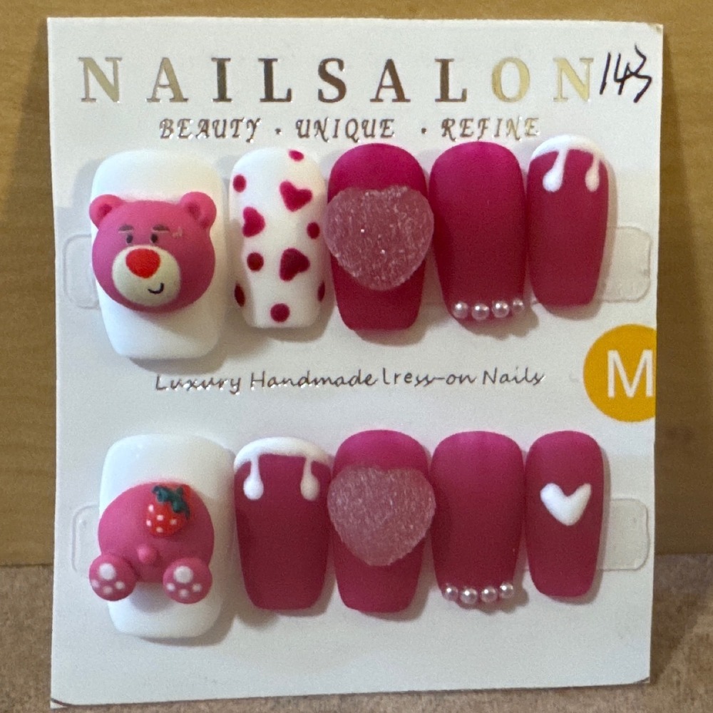 Pink Bear Heart Press On Nails Luxury 3D Charms Matte Square Medium Set 10pc